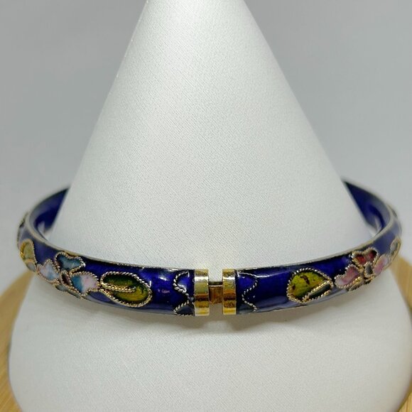 Vintage Blue Floral Cloisonné Enamel Hinged Bracelet - Picture 6 of 7